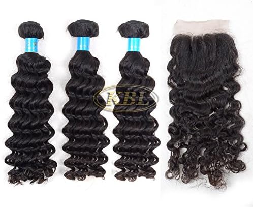 KBL® 7A 3 Bundles Brazilian Deep Wave with Lace Closure 4*4inch Three Way Part 150% Density Unprocessed Natural Brazilian Virgin Hair Extensions Black #1B (16"18"20" hair weft+10" lace closure)