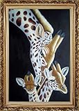 IMAGE OF Animal Giraffe Oil Painting 36 x 24 inches, with Ornate Antique Dark Gold Wood Frame