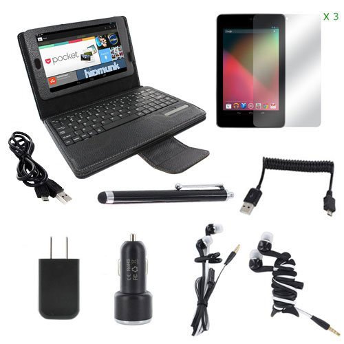EEEKit Starter Kit for Google Nexus 7, Bluetooth Keyboard Case + Touch Screen Stylus Pen + 3-Pack Anti-Glare Screen Protector + Earphone + Fishbone Headset Earphones Cord Wrap Holder + USB AC Wall Charger + Universal Dual USB Port Car Charger + Micro USB 2.0 Male to USB A Male M/M Curl Spring Retractable Cable