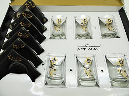 Art Glass Floral Design Tea Set, Set of 13, Turkish Tea Set, Black - Gold Zamsi