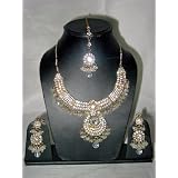 Gift for Mom- Designer Bollywood Faux Pearls Kundan Necklace Jewelry Set 4pc ~ Mogul Interior