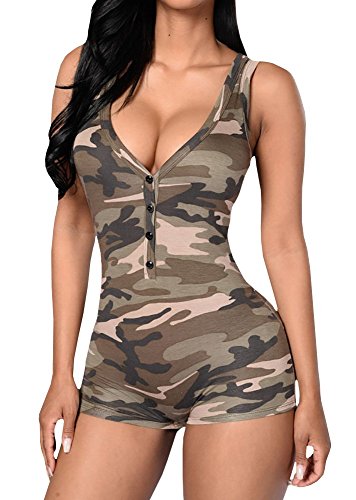 Makkrom Womens Sexy V-neck Sleeveless Camouflage Romper Shorts Bodysuit
