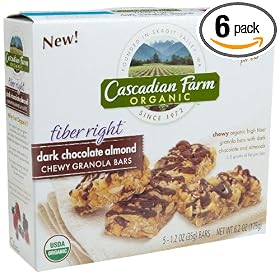 Cascadian Farms Organic Fiber Right Chewy Granola Bars, Dark Chocolate Almond, 5-Count Bars (Pack of 6)