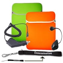 Kindle DX Reversible Sleeve (Green/Orange) + USB Data Cable + Black Car Charger + Black E-Reader Light + Determination Strap (Combo)