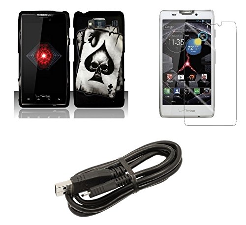 Motorola Droid Razr HD XT926 (Verizon) Combo - Ace of Spades Poker Skull Design Shield Case + Atom LED Keychain Light + Screen Protector + Micro USB Cable