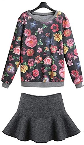 セットアップ ウール トレーナー ミニスカート フレアー フレアスカート マイクロミニ 花柄 上下セット スィート ラウンドネック エレガンス キュート カジュアル パーティ ２次会 レディース 秋物 冬物 可愛いスカーフ付き R348