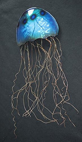 Blue Jellyfish metal wall sculpture Jelly Fish Art with Copper wire tentacles.