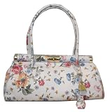 Italian Leather Vintage Rose Print Turnlock White Tote Handbag