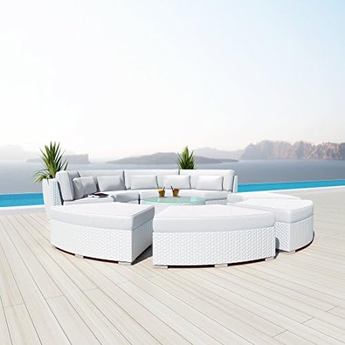 NEW Uduka Modavi 9pcs Outdoor Round Sectional Patio Furniture White Wicker Sofa Set Off White All Weather Couch