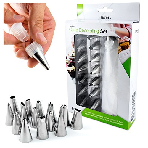 Lavesi 28-Piece Cake Decorating Set - Kit Includes 15 Popular Stainless Steel Tips - 1 Coupler -12 Piping Bags - Supplies for Crafting Fancy Icing Decorations on Pastries, Cupcakes, Cookies & Biscuits Lavesi 28-Piece Cake Decorating Set - Kit Includes 15 Popular Stainless Steel Tips - 1 Coupler -12 Piping Bags - Supplies for Crafting Fancy Icing Decorations on Pastries, Cupcakes, Cookies & Biscuits