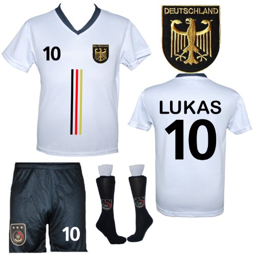 Deutschland Trikot Hose Stutzen “Modell V574″-gesticktes Trikot Wappen-mit Ihrem Wunschnamen und Zahl-Größen: 110-116-122-128-134-140-146-152-158-M (128)