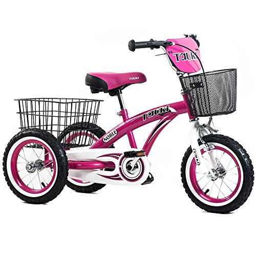 Tauki 12 Inch Kids Tricycle, Front and Rear Baskets, Hand Brake, Pink, for 2-5 Years Old