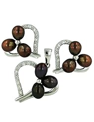Sterling Silver 6mm Coffee Freshwater Pearl with Heart Shape Cubic Zirconia Pave Pendant Earrings Set 16 inches chain