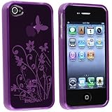 Purple Floral Butterfly Flexible TPU Gel Case for Apple iPhone 4, 4S (AT&T, Verizon, Sprint)