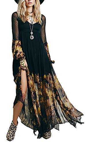 R.Vivimos Women Chiffon Flower Printing Split Asymmetrical Long Dresses