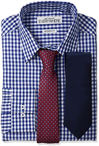 Nick Graham Everywhere Men's Gingham Dress Shirt with Two Ties, Blue, XLarge 17/17.5" Neck 34/35" Sleeve
