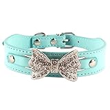 Sunsen Bling Crystal Dog Bow Leather Pet Adjustable Collar Puppy Cat Choker Blue XXS