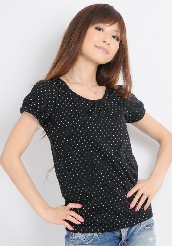 90ans　Tシャツ レディース/ドット プリント パフ Ｔシャツ 半袖 森ガール (ブラック×オフ)