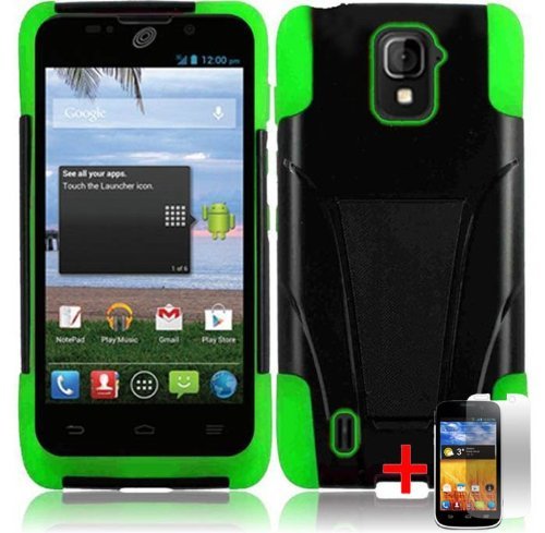 ZTE MAJESTY Z796C BLACK GREEN HYBRID T KICKSTAND COVER HARD GEL CASE + FREE SCREEN PROTECTOR from [ACCESSORY ARENA]