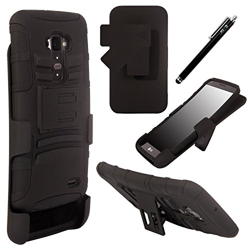 LG G Flex, LG Flex, E LV LG G Flex D340/D959 / D950 / LS995 Impact Resistant Hybrid Armor Shell Holster Case with Kickstand and Belt Swivel Clip for LG G Flex D340/D959 / D950 / LS995 + 1 Stylus and 1 Microfiber Digital Cleaner - Black