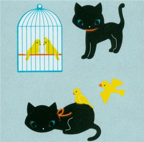 black kitty sticker with yellow canary