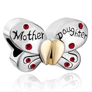 Separable Butterfly Mother Daughter Red Crystal Heart Love Mom Charm Bead Fit Pandora Charms