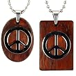 Stainless Steel Natural Redwood Couples Peace Sign Pendant Necklace Set 18"/20-24"