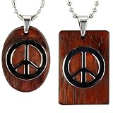Stainless Steel Natural Redwood Couples Peace Sign Pendant Necklace Set 18"/20-24"