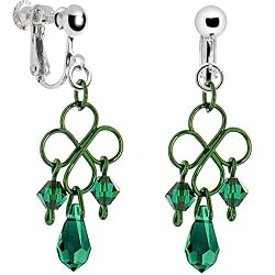 Handcrafted Austrian Crystal Emerald Irish Scroll Clip On Earrings
