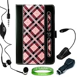 Stylish Pink Checker Plaid Melrose Leather Case, Accessory Earphones with Mic, Compatible Nook Color USB Car Charger, and an LED Reading Light for (Barnes and Noble) Nook Color + Live * Laugh * Love VanGoddy Wrist band!!!