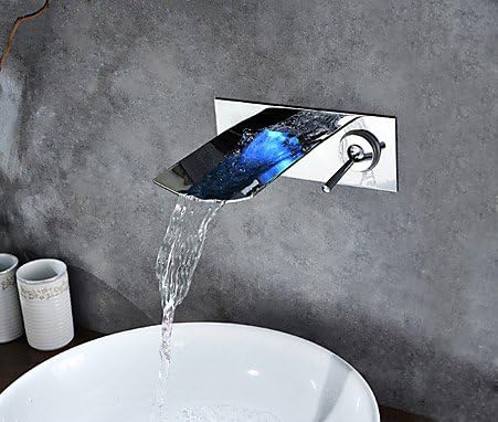 Yanksmart LED RGB Single Handle Widespread Waterfall Copper Bathroom Faucet, Wall Mount Kitchen Sink Lavatory Faucet (Chrome) 1397