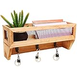 Country Rustic Beige Wood & Metal Wall Mounted Storage Wire Mesh Basket Rack w/ Coat Hooks - MyGift&reg;