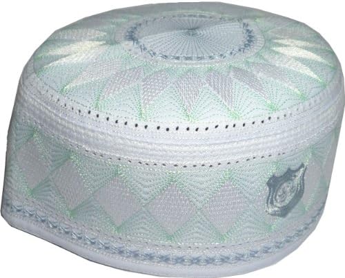 Muslim Namaz Cap - Topi Kufi Prayer Mens Skull Islamic Hat - White - Light Green