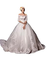 Bateau Neck  Elbow Length Sleeves Lace-Up  Ball Gown Wedding Dress 