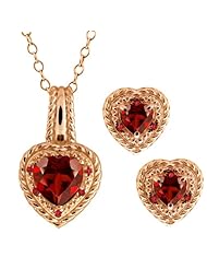 3.90 Ct Heart Shape Red Garnet Gold Plated Silver Pendant Earrings Set