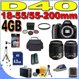 Nikon D40 (25420) 6.1MP Digital SLR Camera with Nikon 18-55mm f/3.5-5.6 ED II AF-S DX Zoom-Nikkor Lens Kit and Nikon 55-200mm f/4-5.6G ED AF-S DX Zoom-Nikkor Lens BigVALUEInc Accessory Saver 4GB Battery/Rapid Charger Filter Kit Bundle +MORE
