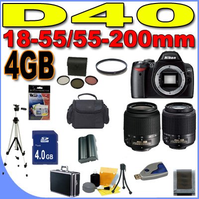 Nikon D40 6.1MP Digital SLR Camera with Nikon 18-55mm f/3.5-5.6 ED II AF-S DX Zoom-Nikkor Lens Kit and Nikon 55-200mm f/4-5.6G ED AF-S DX Zoom-Nikkor Lens PLUS 4GB SDHC Memory Card - Extra Lithium Ion Battery - 3 Piece Filter Kit - Full Size Tripod - Professional Travel Hard Case - D40 (25420) BigVALUEInc Accessory 2-Lens Saver Bundle + MORE!