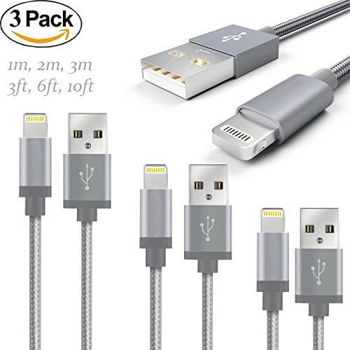 RB Cellular Quick Charging Set - 8 Pin Silver Braided Syncing USB Charger 1/2/3 meter 3/6/10 feet for Iphone 5 5s 5c se 6 6s 7 plus beats pill (Silver Braided 1m 2m 3m)