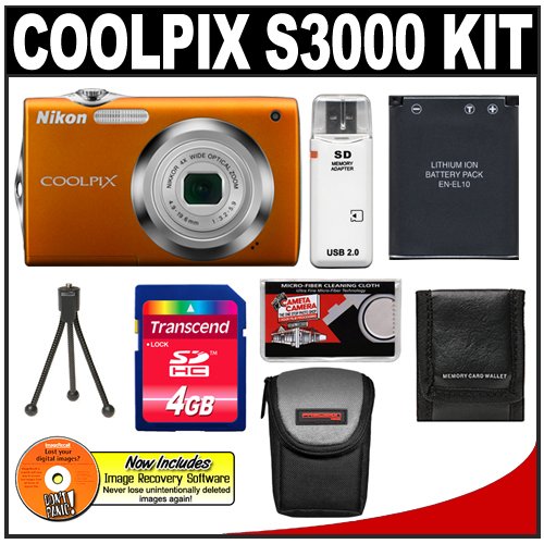 more about Nikon Coolpix S3000 12.0 Megapixel Digital Camera with 4x Optical Zoom (Orange) with + 4GB Card + EN-EL10 Battery + Case + Accessory Kit