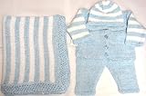 Knitted on Hand Knitting Machine Blue Chenille with White Stripes Finished By Hand Crochet Infant Boys Cardigan Pant Hat Set and Matching Blanket