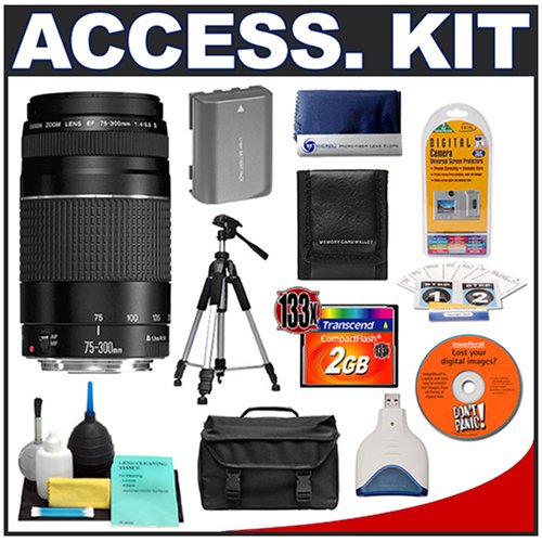 Accessory Kit for Canon Rebel XT XTi Digital SLR Camera with Canon EF 75 300mm f 4 5.6 III Lens + Transcend 2GB CF Memory Card + Spare NB 2LH Battery for Canon + High Speed USB 2.0 CompactFlash Card Reader + Deluxe Photo Video 57 Tripod + Deluxe SLR System Camera Bag Case