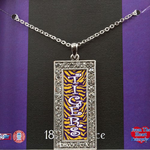 LSU Silver toned 18 inch necklace with purple and yellow zebra print Tigers pendant surrounded by czs, Louisiana State University