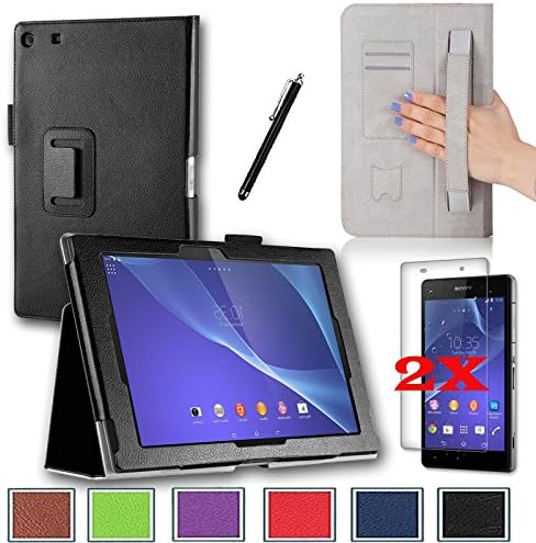 FOR SONY Experia Z2 Tablet 10.1" PREMIUM QUALITY PU LEATHER FOLIO PROTECTIVE CASE COVER STAND, MICROFIBER INNER, STYLUS SLOT, Hand Strap and Credit Cards Holders plus 2 Screen Protectors and Stylus!
