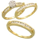 14k Gold 3-Piece Trio His (3.5mm) & Hers (3mm; 6mm) Wedding Band Set, w/ 1.05 Carats Brilliant Cut Diamonds (Ladies' Size 6 to 8; Men's Size 9 to 12)