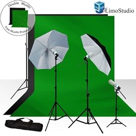 LimoStudio 600 Watt Photo Video Light Kit, 10' x 10' Black and Green Chroma Key Muslin Backdrops with Adjustable Backdrop Support + FREE Matching Black and Green Muslin Protectors, 2 x 45 Watt Continuous Light Kit with 40 Black/White Reflector Umbrella, Photo Portrait Studio, AGG225