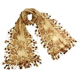 Rayon & Polyamide Handmade Lace Embroidered Large Flower and Beaded with Shining Sequins Tassels Ends Long Scarf
