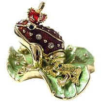 King Crown Frog On Lotus Leaf Enameled Bejeweled Crystal Trinket Box