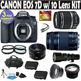 Canon EOS 7D 10 Lens Deluxe Kit with EF-S 18-55mm f/3.5-5.6 IS II Zoom Lens & EF 75-300mm f/4-5.6 III Telephoto Zoom Lens + 500 Telephoto Preset Lens + Canon 50mm 1.8 Lens + 16GB Deluxe Accessory Kit + 3 Year Celltime Warranty