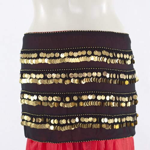 Sheer Black Rectangular Hip Scarf with Four Double Rows of Coins