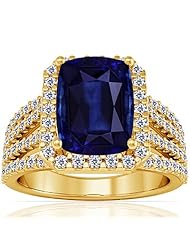 14K Yellow Gold Cushion Cut Blue Sapphire Ring With Sidestones